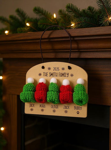 Personalized Family Christmas 2025 Ornament, Engraved 3D Knit hat Birch Wood Holiday tree Keepsake