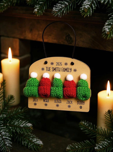 Personalized Family Christmas 2025 Ornament, Engraved 3D Knit hat Birch Wood Holiday tree Keepsake