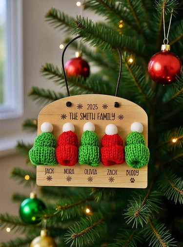Personalized Family Christmas 2025 Ornament, Engraved 3D Knit hat Birch Wood Holiday tree Keepsake