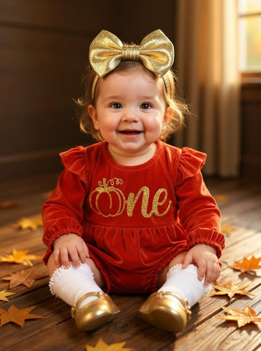 1st Birthday Fall Outfit: Burnt Orange Thanksgiving pumpkin Velvet Romper