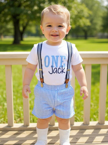 1st Birthday Boy Outfit: Seersucker Shorts, Suspenders & Bodysuit