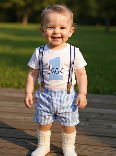 1st Birthday Boy Outfit: Seersucker Shorts, Bodysuit & Suspenders