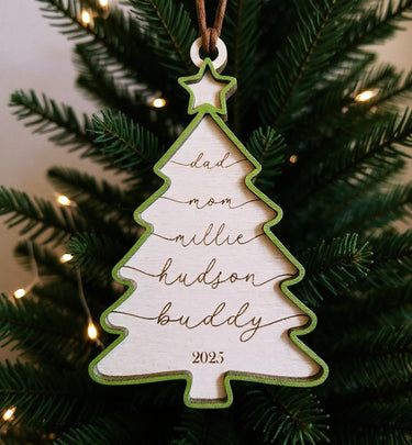 Family Christmas Ornament, 2025 Engraved Birch Wood Holiday personalized tree Keepsake