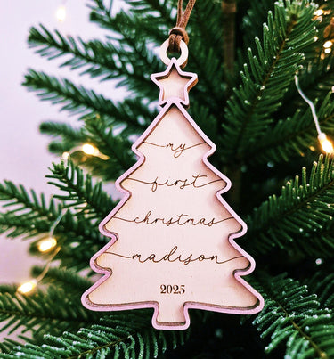 Yearly family tree Ornament, Engraved Birch Wood Holiday Christmas Keepsake