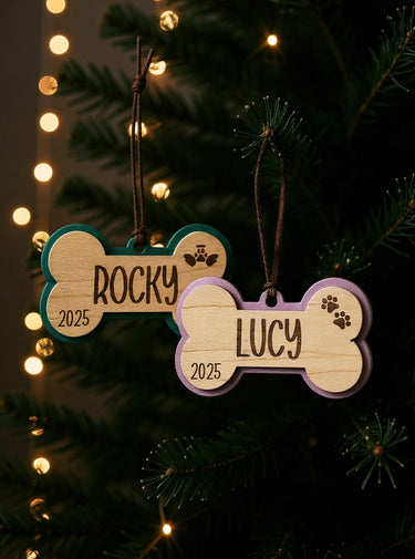 Personalized Dog bone Christmas 2025 Ornament, Engraved Birch Wood Holiday tree Keepsake