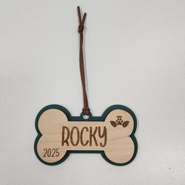 Personalized Dog bone Christmas 2025 Ornament, Engraved Birch Wood Holiday tree Keepsake