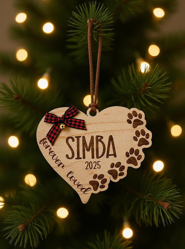 Personalized Dog heart Christmas 2025 Ornament, Engraved Birch Wood Holiday tree Keepsake