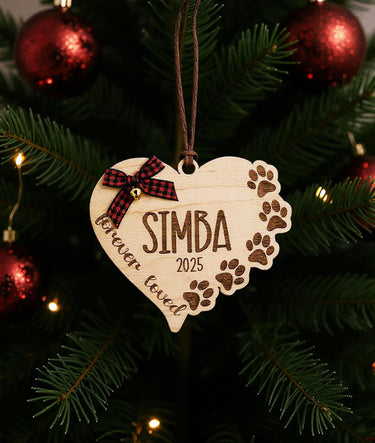 Personalized Dog heart Christmas 2025 Ornament, Engraved Birch Wood Holiday tree Keepsake