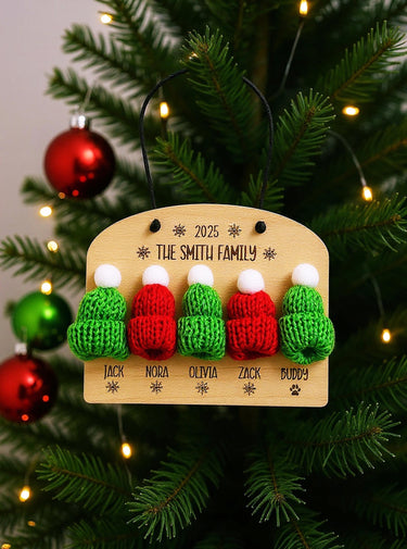 Personalized Family Christmas 2025 Ornament, Engraved 3D Knit hat Birch Wood Holiday tree Keepsake