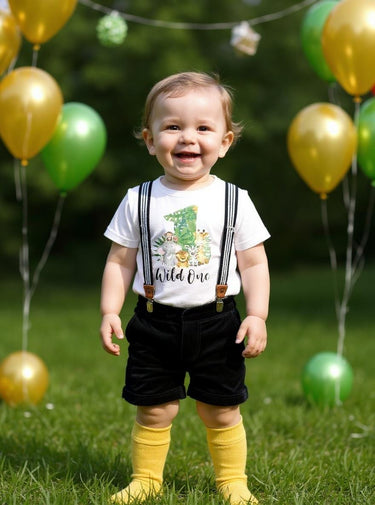 1ST birthday BOY Outfit wild one jungle 1st birthday boy suspender gold black velvet short ,boy birthday bodysuit,safari jungle boy outfit