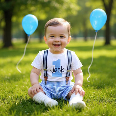 1st Birthday Boy Outfit: Seersucker Shorts, Bodysuit & Suspenders