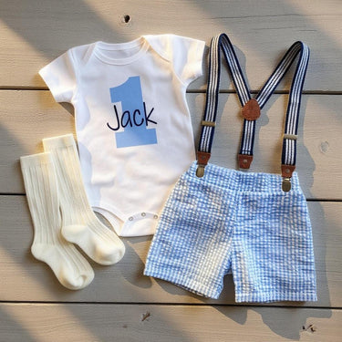1st Birthday Boy Outfit: Seersucker Shorts, Bodysuit & Suspenders