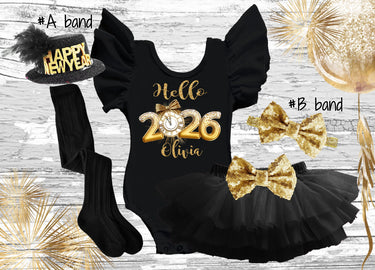 New Year girls Outfit, Black and Gold 2026 shirt, leotard, hat