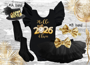 New Year girls Outfit, Black and Gold 2026 shirt, leotard, hat