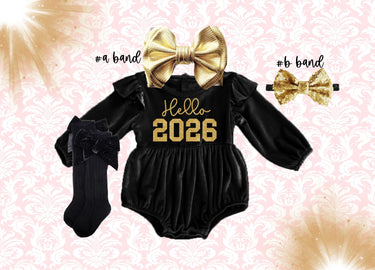 New Year 2026 Baby Outfit, black Velvet Romper, Gold Bow Headband & Socks