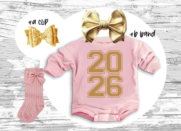 2026 NEW year baby girl Outfit pink gold bubble romper