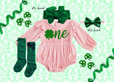 St. Patrick's Day 1st birthday girls shamrock one Velvet bubble Romper Pink Baby Outfit