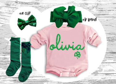 Personalized St. Patrick's Day Baby Outfit: Romper, Bow Clip, Headband & Socks