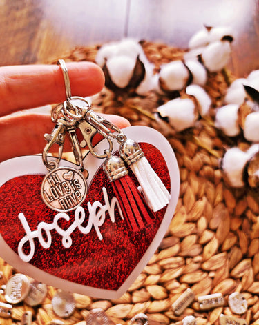Personalized Red Glitter Heart Keychain, Free Charm, Valentine Gift