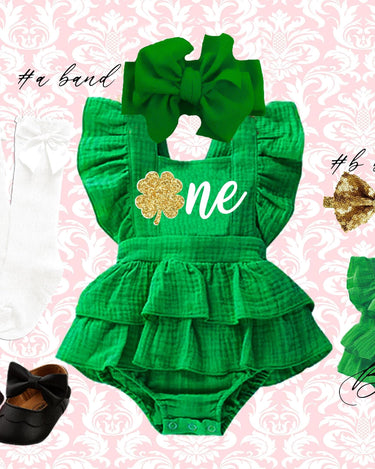 1st St. Patrick's Day Birthday Romper Outfit: Green Ruffle Romper, Bow Headwrap