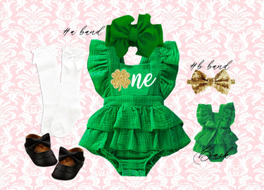 1st St. Patrick's Day Birthday Romper Outfit: Green Ruffle Romper, Bow Headwrap