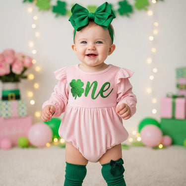 St. Patrick's Day 1st birthday girls shamrock one Velvet bubble Romper Pink Baby Outfit