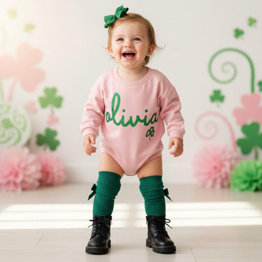 Personalized St. Patrick's Day Baby Outfit: Romper, Bow Clip, Headband & Socks
