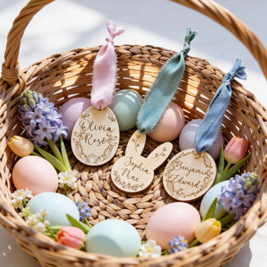 Personalized Easter Basket Tag: Engraved Wooden Bunny, Egg, Round