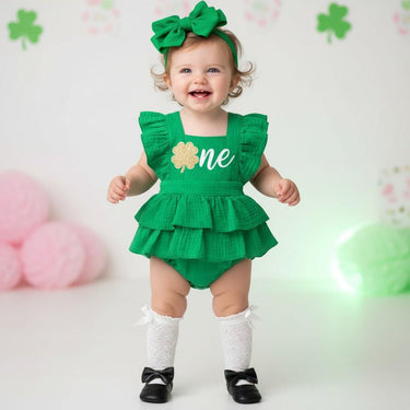 1st St. Patrick's Day Birthday Romper Outfit: Green Ruffle Romper, Bow Headwrap