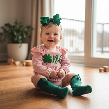 St. Patrick's Day 1st birthday girls shamrock one Velvet bubble Romper Pink Baby Outfit